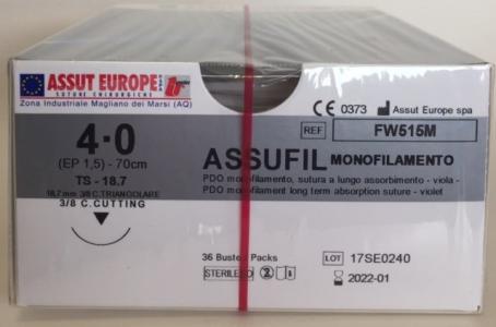 Suture Chirurgiche ASSUFIL MONOFILAMENTO ( EP 1,5 ) 4/0 AGO TRIANGOLARE 3/8 - 18,7 mm. ( cod. FW515M ) - ASSUT EUROPE