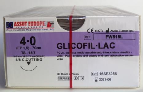 Suture Chirurgiche GLICOFIL - LAC ( EP 1,5 )  4/0 AGO TRIANGOLARE 3/8  - 18,7 mm. ( cod. FW515L ) - ASSUT EUROPE