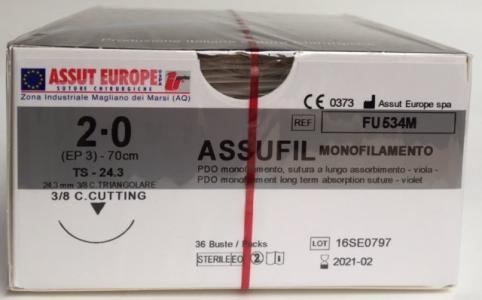 Suture Chirurgiche ASSUFIL MONOFILAMENTO ( EP 3 ) 2/0 AGO TRIANGOLARE 3/8 - 24,3 mm. ( cod. FU534M ) - ASSUT EUROPE