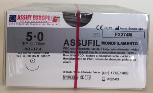 Suture Chirurgiche ASSUFIL MONOFILAMENTO ( EP 1 ) 5/0 AGO CILINDRICO 1/2 - 17,4 mm. ( cod. FX374M ) - ASSUT EUROPE