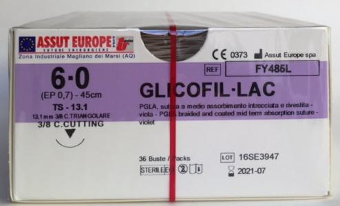 Suture Chirurgiche GLICOFIL - LAC ( EP 0,7 ) 6/0  AGO TRIANGOLARE  3/8 - 13,1 mm. ( cod. FY485L ) - ASSUT EUROPE